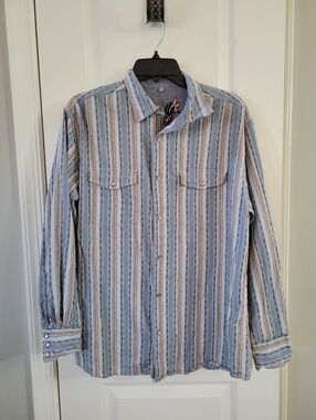 Scully Western Pearl Snap Button Down Shirt Blue Striped Textured Size Medium